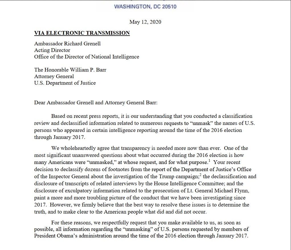 Senator's Ron Johnson and Chuck Grassley's letter to AG Barr and Acting DNI Grenell regarding names of those responsible for unmasking General Flynn