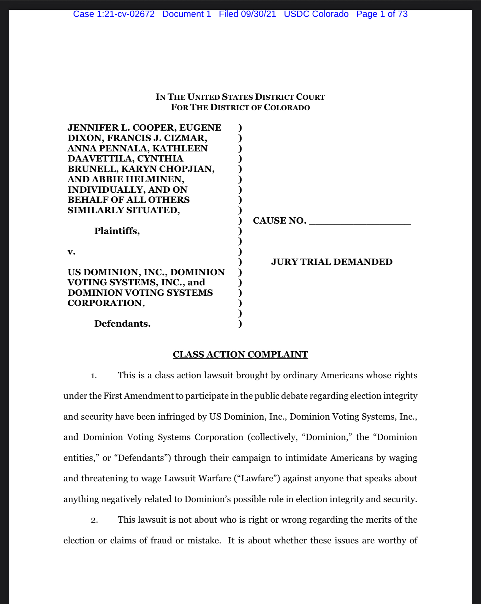 class action lawsuit against US Dominion Inc
